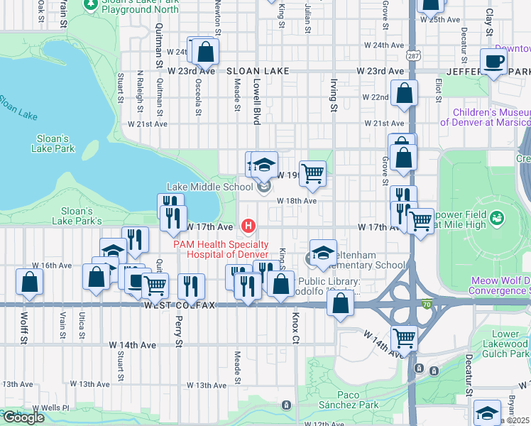 map of restaurants, bars, coffee shops, grocery stores, and more near in Denver