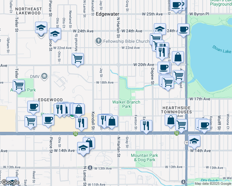 map of restaurants, bars, coffee shops, grocery stores, and more near 1701 North Harlan Street in Lakewood