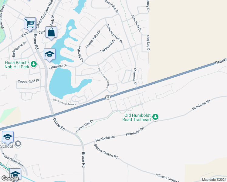 map of restaurants, bars, coffee shops, grocery stores, and more near Deer Creek Hwy in Chico