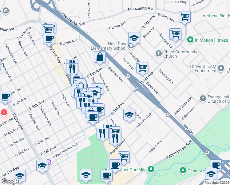 map of restaurants, bars, coffee shops, grocery stores, and more near 1108 Sherman Avenue in Chico