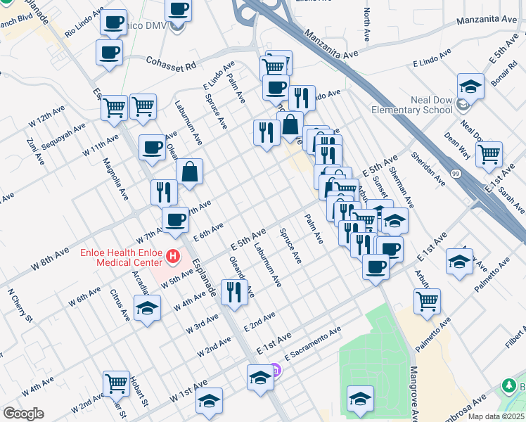 map of restaurants, bars, coffee shops, grocery stores, and more near 370 East 5th Avenue in Chico
