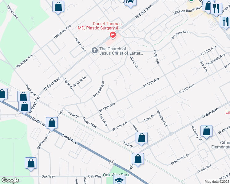 map of restaurants, bars, coffee shops, grocery stores, and more near 2354 Tiffany Way in Chico