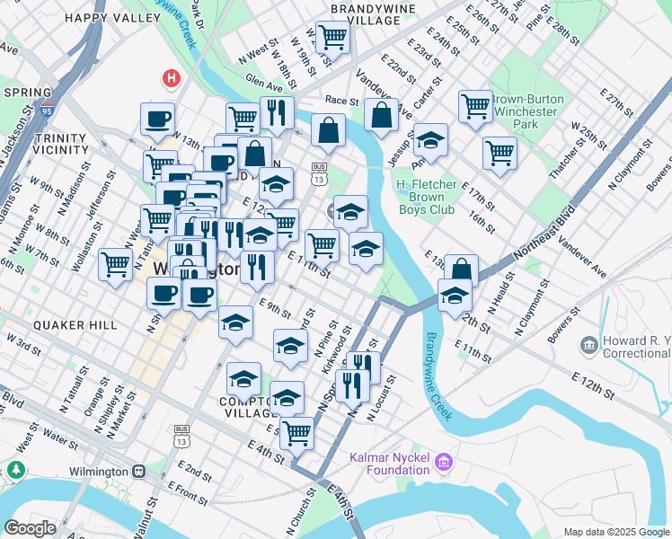 map of restaurants, bars, coffee shops, grocery stores, and more near 518 East 11th Street in Wilmington