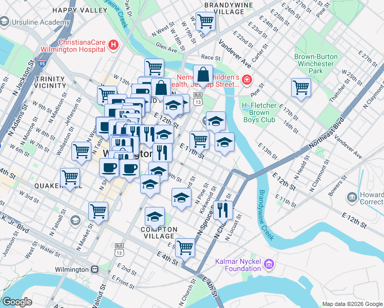map of restaurants, bars, coffee shops, grocery stores, and more near 414 Shearman Street in Wilmington