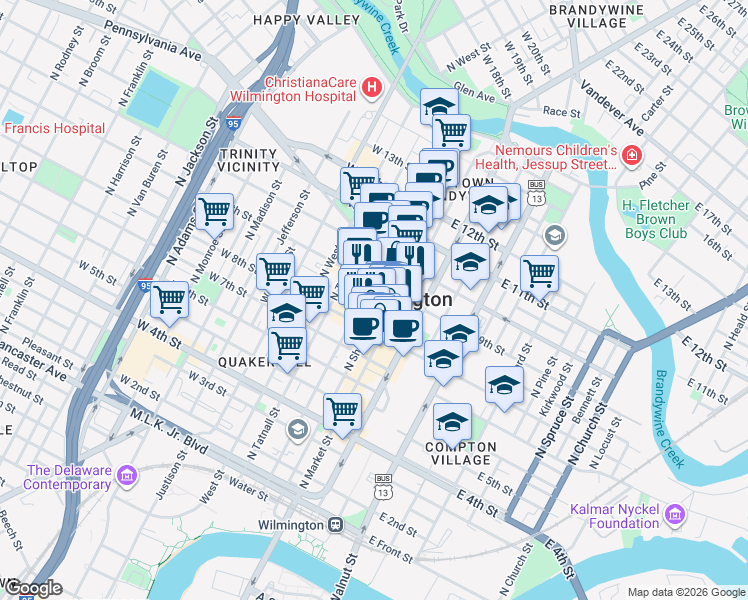 map of restaurants, bars, coffee shops, grocery stores, and more near in Wilmington