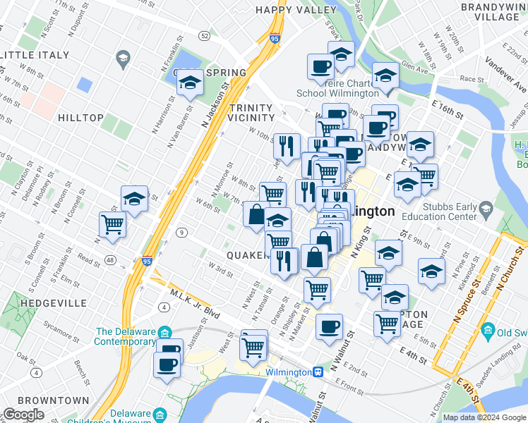 map of restaurants, bars, coffee shops, grocery stores, and more near 406 West 7th Street in Wilmington