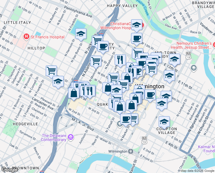 map of restaurants, bars, coffee shops, grocery stores, and more near in Wilmington