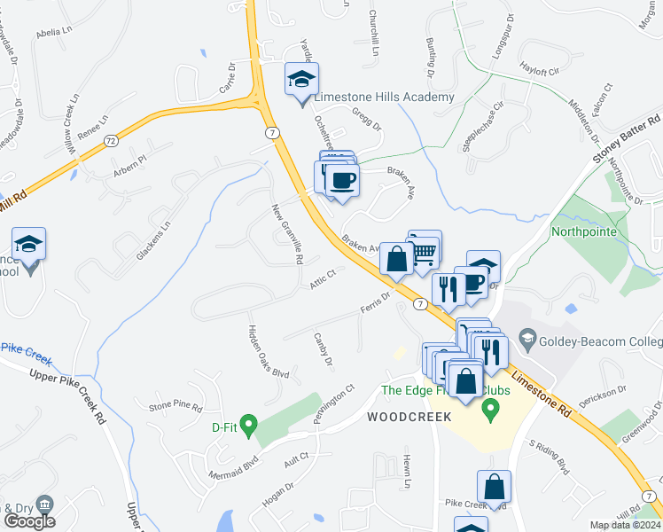 map of restaurants, bars, coffee shops, grocery stores, and more near 137 Attic Court in Wilmington