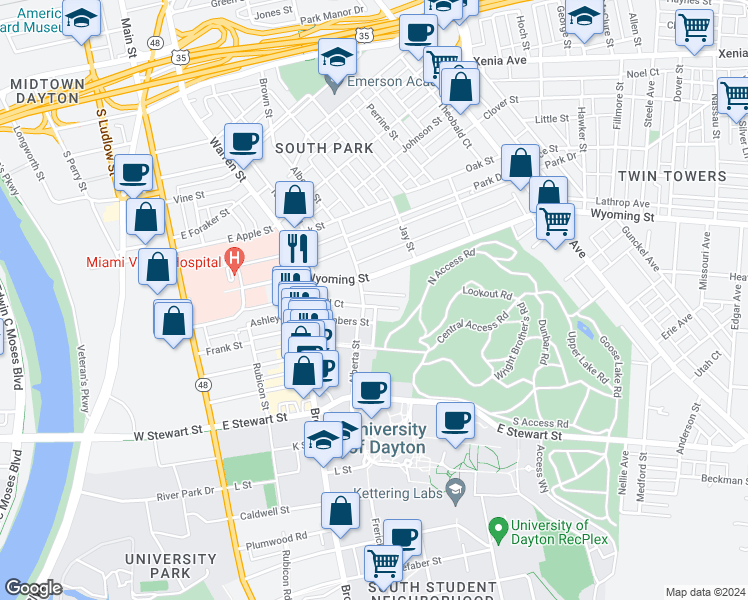 map of restaurants, bars, coffee shops, grocery stores, and more near 714 Alberta Street in Dayton