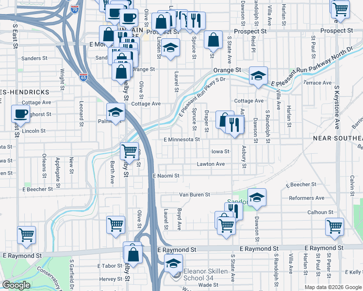 map of restaurants, bars, coffee shops, grocery stores, and more near 1737 Thaddeus Street in Indianapolis
