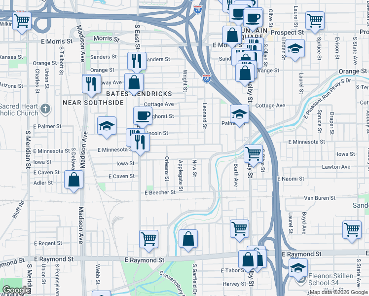 map of restaurants, bars, coffee shops, grocery stores, and more near 826 Iowa Street in Indianapolis