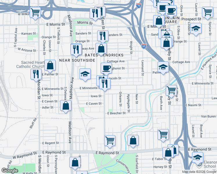 map of restaurants, bars, coffee shops, grocery stores, and more near 1726 South East Street in Indianapolis