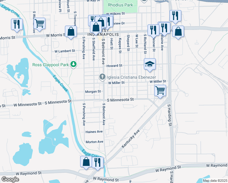 map of restaurants, bars, coffee shops, grocery stores, and more near 1906 West Minnesota Street in Indianapolis