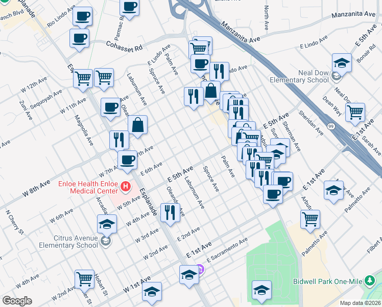 map of restaurants, bars, coffee shops, grocery stores, and more near 1519 Spruce Avenue in Chico