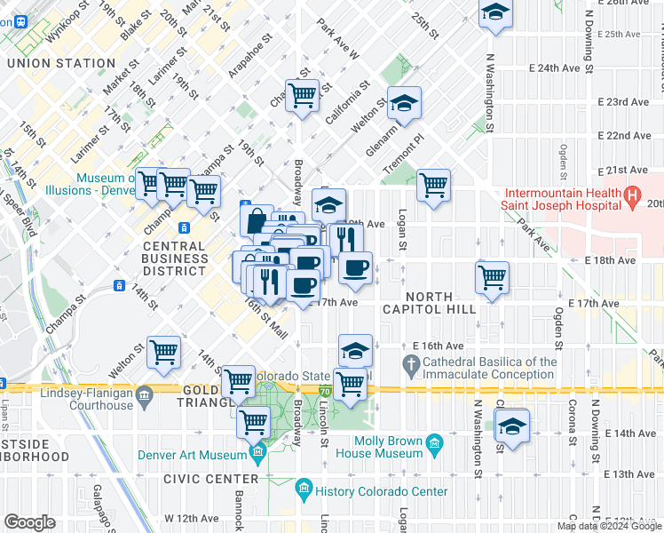map of restaurants, bars, coffee shops, grocery stores, and more near 1776 Lincoln Street in Denver