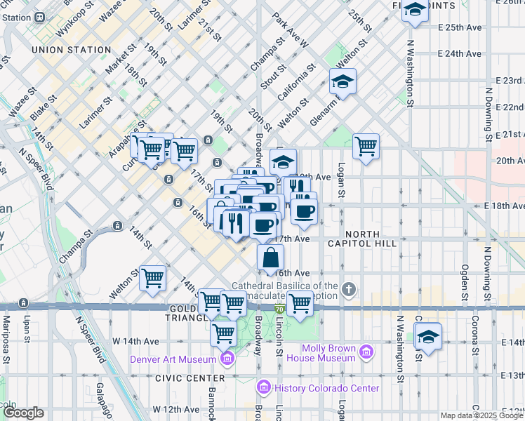 map of restaurants, bars, coffee shops, grocery stores, and more near 1776 Broadway in Denver
