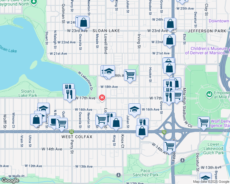 map of restaurants, bars, coffee shops, grocery stores, and more near 1721 King Street in Denver