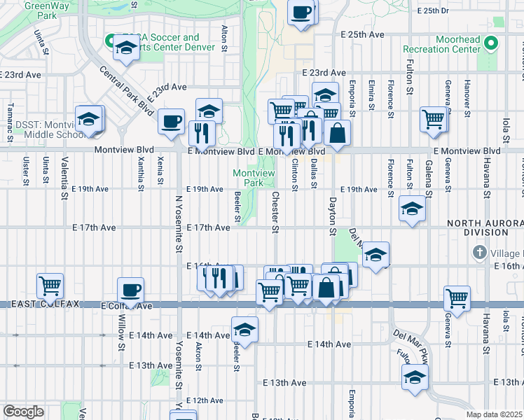 map of restaurants, bars, coffee shops, grocery stores, and more near 1736 Boston Street in Aurora