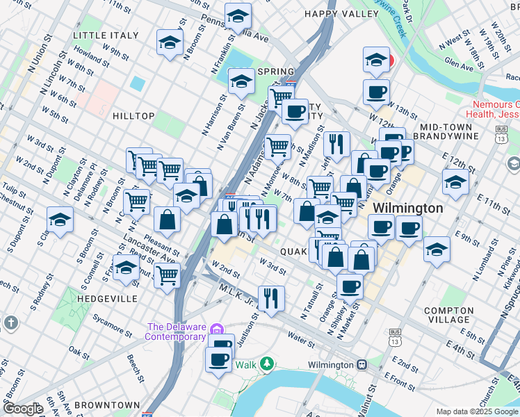 map of restaurants, bars, coffee shops, grocery stores, and more near 528 North Monroe Street in Wilmington