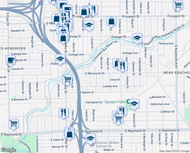 map of restaurants, bars, coffee shops, grocery stores, and more near 1737 Thaddeus Street in Indianapolis