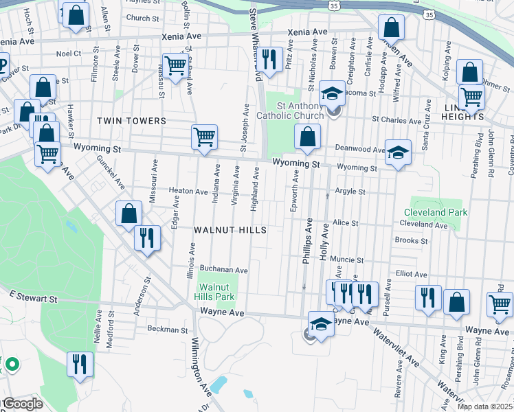 map of restaurants, bars, coffee shops, grocery stores, and more near 1108 Highland Avenue in Dayton