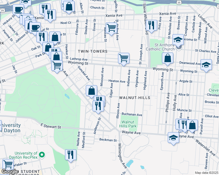 map of restaurants, bars, coffee shops, grocery stores, and more near 129 Edgar Avenue in Dayton