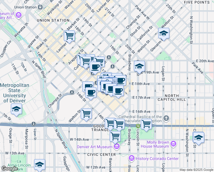 map of restaurants, bars, coffee shops, grocery stores, and more near 1614 Welton Street in Denver