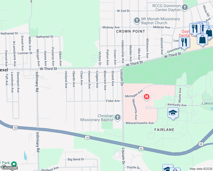 map of restaurants, bars, coffee shops, grocery stores, and more near 137 Bluecrest Avenue in Dayton