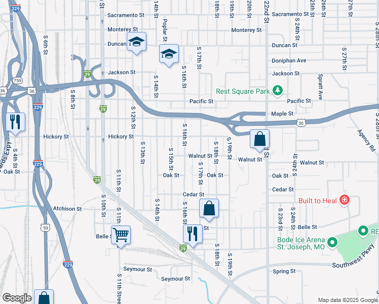 map of restaurants, bars, coffee shops, grocery stores, and more near 2405 South 16th Street in Saint Joseph