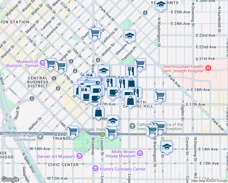 map of restaurants, bars, coffee shops, grocery stores, and more near 1770 Sherman Street in Denver