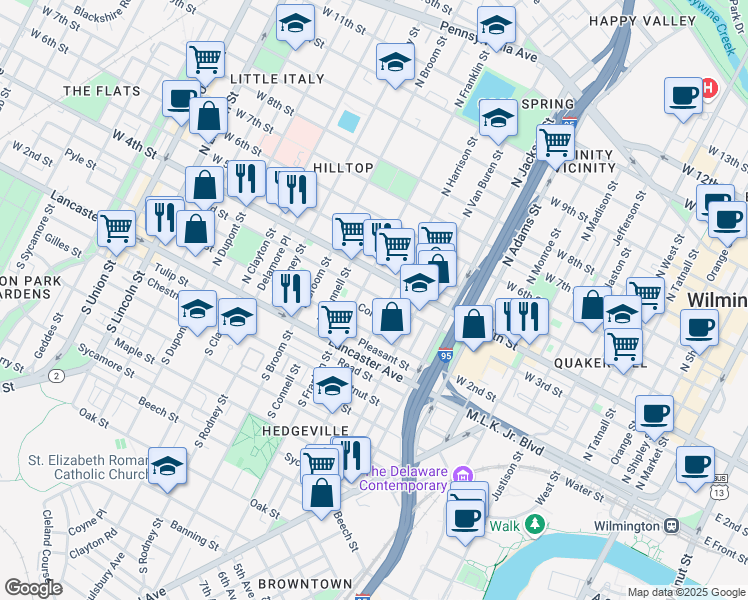 map of restaurants, bars, coffee shops, grocery stores, and more near 1206 West 3rd Street in Wilmington