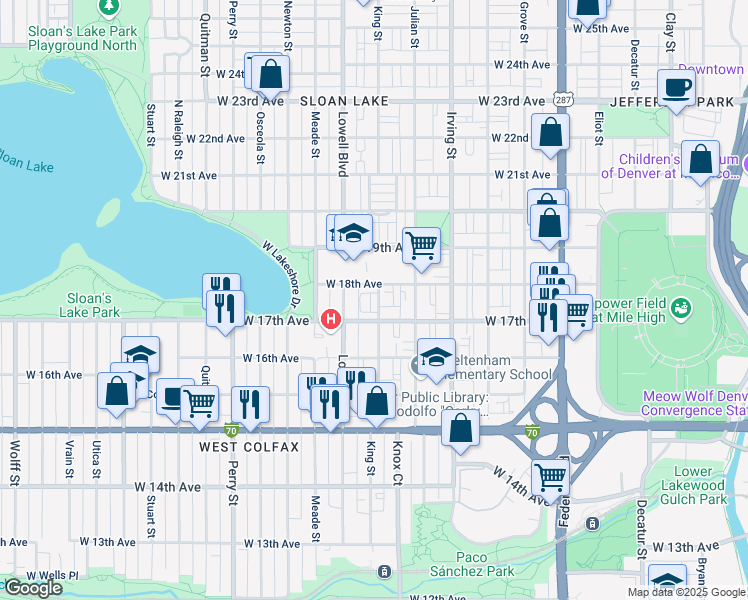 map of restaurants, bars, coffee shops, grocery stores, and more near 1723 King Street in Denver