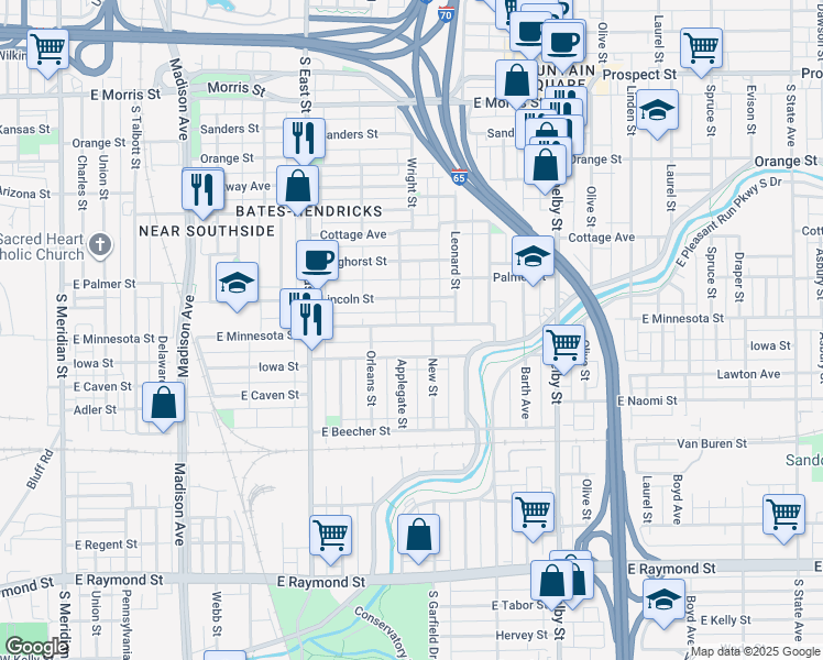 map of restaurants, bars, coffee shops, grocery stores, and more near 811 East Minnesota Street in Indianapolis