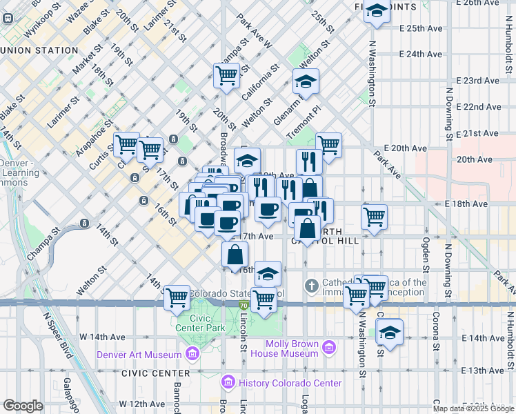 map of restaurants, bars, coffee shops, grocery stores, and more near 1745 Sherman Street in Denver