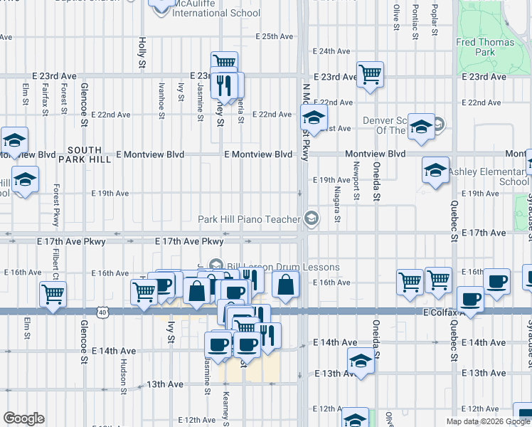 map of restaurants, bars, coffee shops, grocery stores, and more near 6325 East 17th Avenue Parkway in Denver