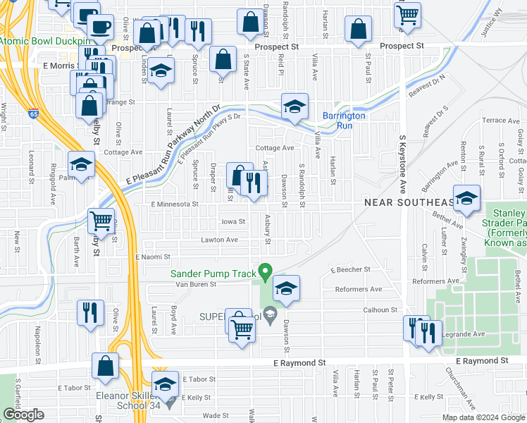 map of restaurants, bars, coffee shops, grocery stores, and more near 1710 Asbury Street in Indianapolis