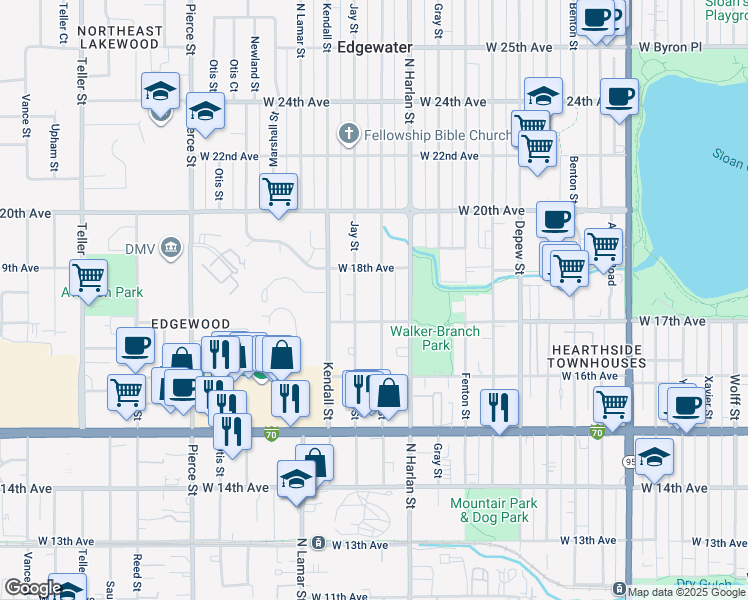 map of restaurants, bars, coffee shops, grocery stores, and more near 1727 Ingalls Street in Lakewood