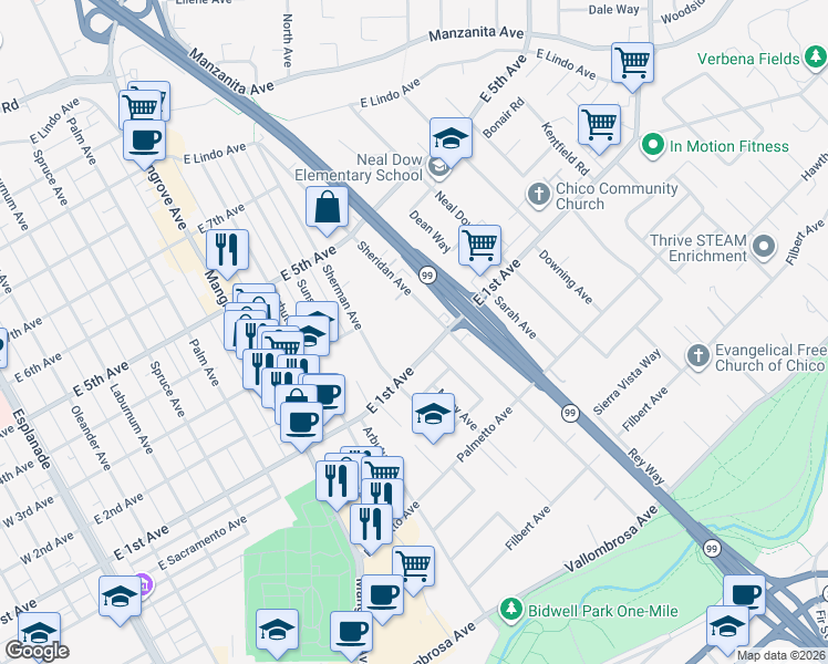 map of restaurants, bars, coffee shops, grocery stores, and more near 1125 Sheridan Avenue in Chico
