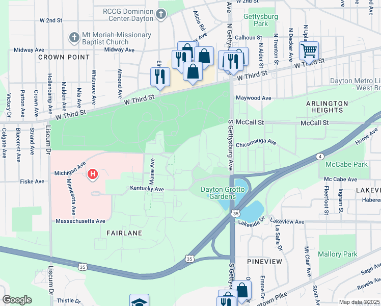 map of restaurants, bars, coffee shops, grocery stores, and more near in Dayton