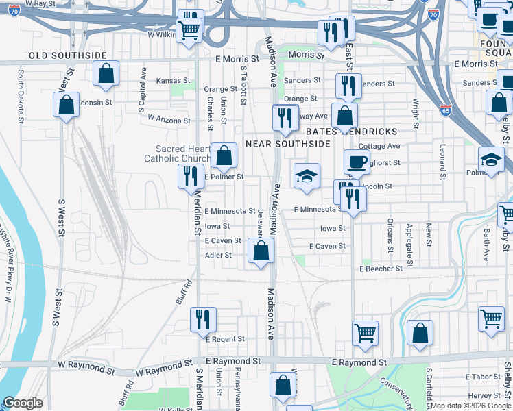 map of restaurants, bars, coffee shops, grocery stores, and more near 1718 Delaware Street in Indianapolis
