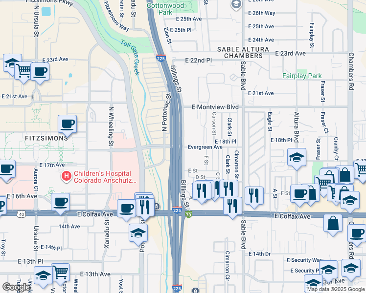 map of restaurants, bars, coffee shops, grocery stores, and more near 1710 Billings Street in Aurora