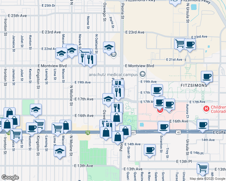 map of restaurants, bars, coffee shops, grocery stores, and more near 1709 Paris Street in Aurora