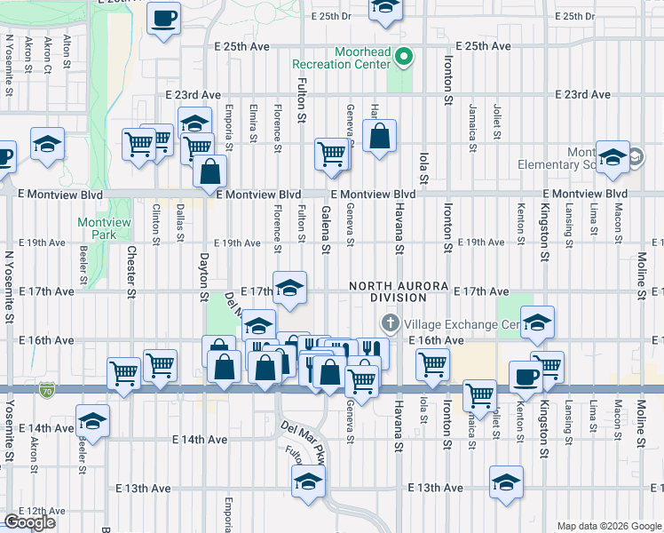 map of restaurants, bars, coffee shops, grocery stores, and more near 1711 Galena Street in Aurora