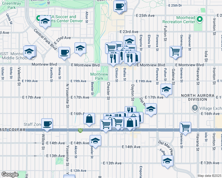 map of restaurants, bars, coffee shops, grocery stores, and more near in Aurora