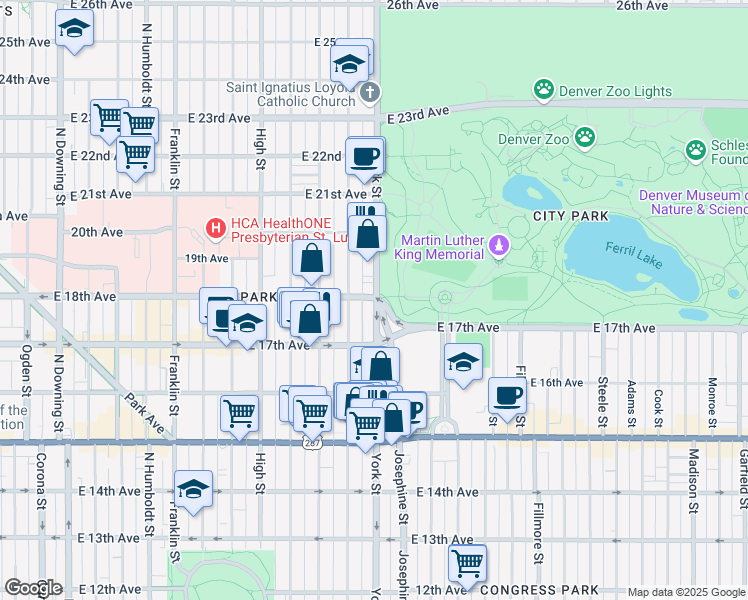 map of restaurants, bars, coffee shops, grocery stores, and more near in Denver