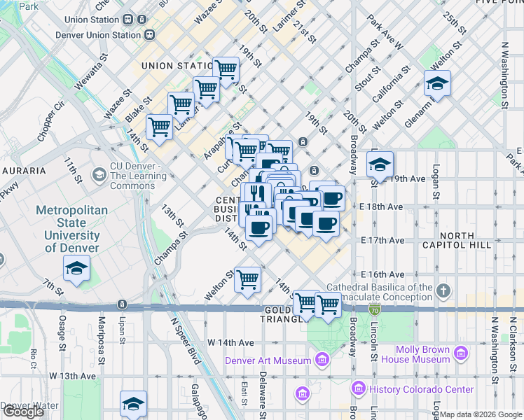 map of restaurants, bars, coffee shops, grocery stores, and more near 601 15th Street in Denver