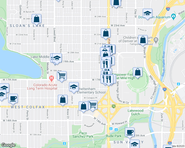 map of restaurants, bars, coffee shops, grocery stores, and more near 3211 West 17th Avenue in Denver