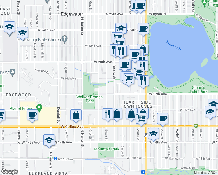 map of restaurants, bars, coffee shops, grocery stores, and more near 5605 West 17th Avenue in Lakewood