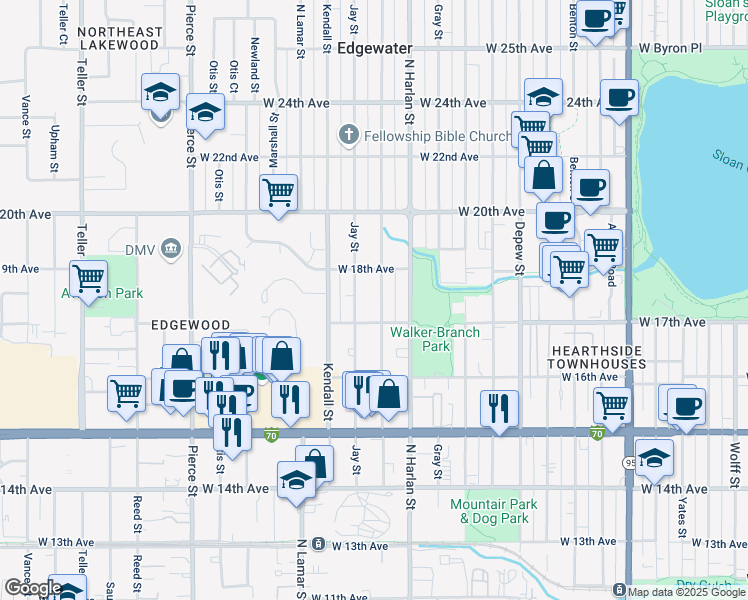 map of restaurants, bars, coffee shops, grocery stores, and more near 1700 Jay Street in Lakewood