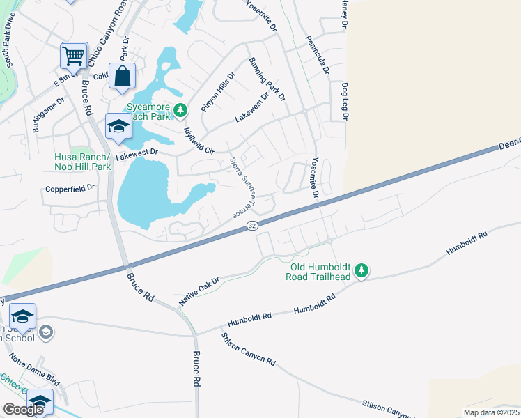 map of restaurants, bars, coffee shops, grocery stores, and more near Deer Creek Hwy in Chico